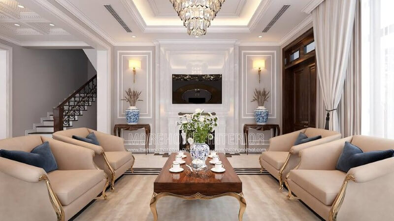 Bộ bàn ghế sofa mạ vàng tân cổ điển đẹp, sang trọng cho biệt thự, nhà phố. Thiết kế phòng khách biệt thự