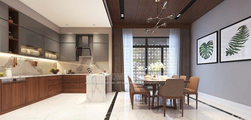 Sắp xếp nội thất phòng bếp liền phòng ăn đẹp, hiện đại, tinh tế cho biệt thự, nhà phố tại Vinh, Nghệ An.