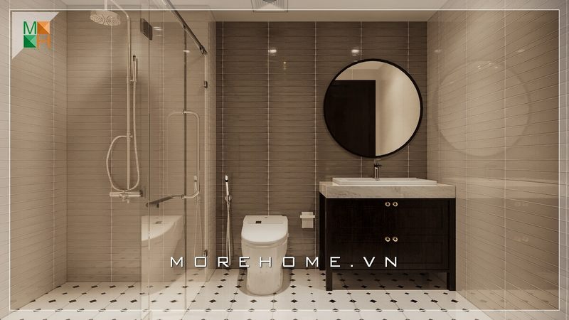 Mẫu thiết kế phòng tắm cao cấp màu trắng trang nhã, đá ốp tường góp phần tạo nên cảm giác thoải mái, rộng rãi.